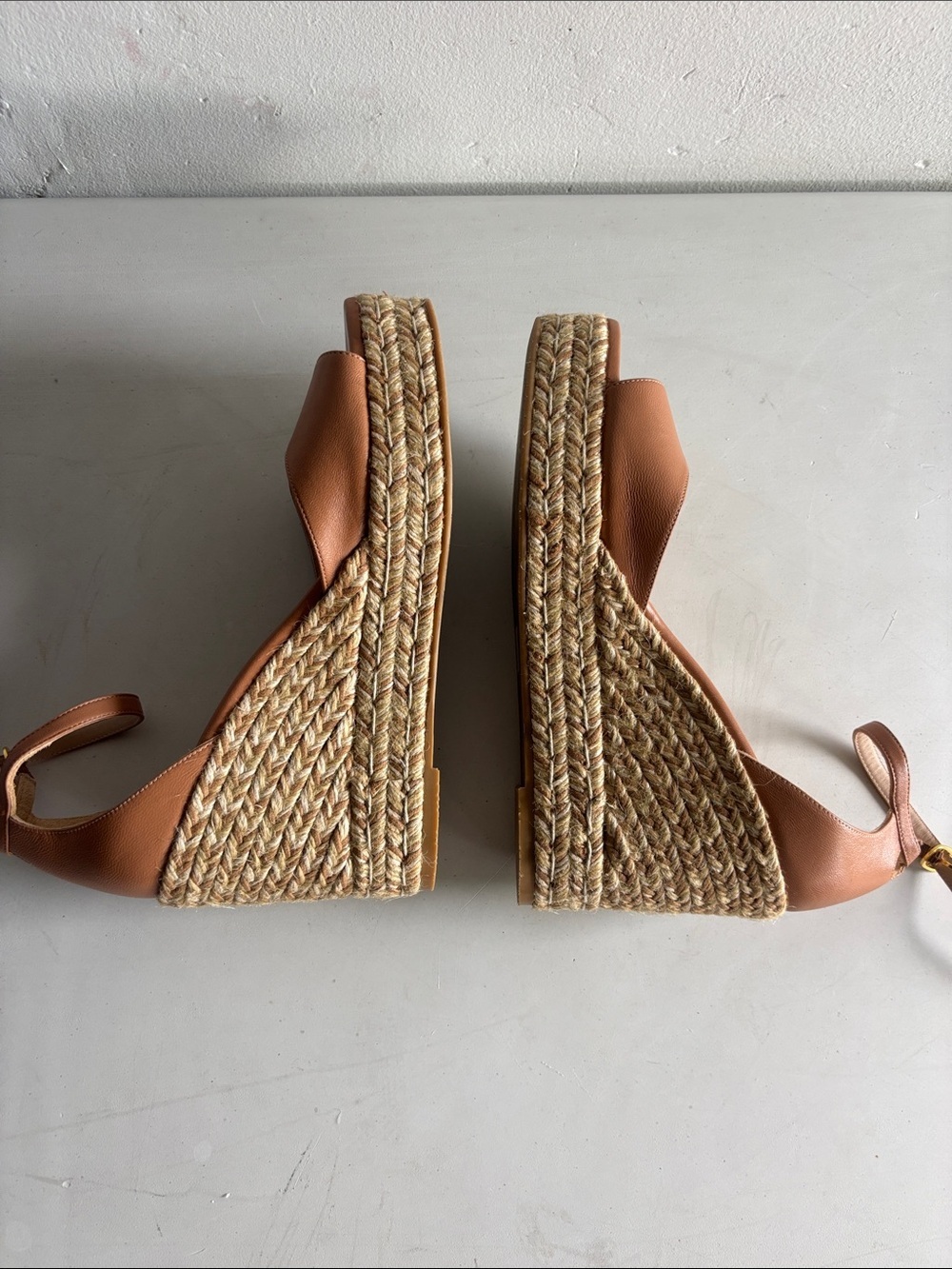 Stuart Weitzman Cognac Leather Espadrille Wedge Sandals - Picture 4 of 5